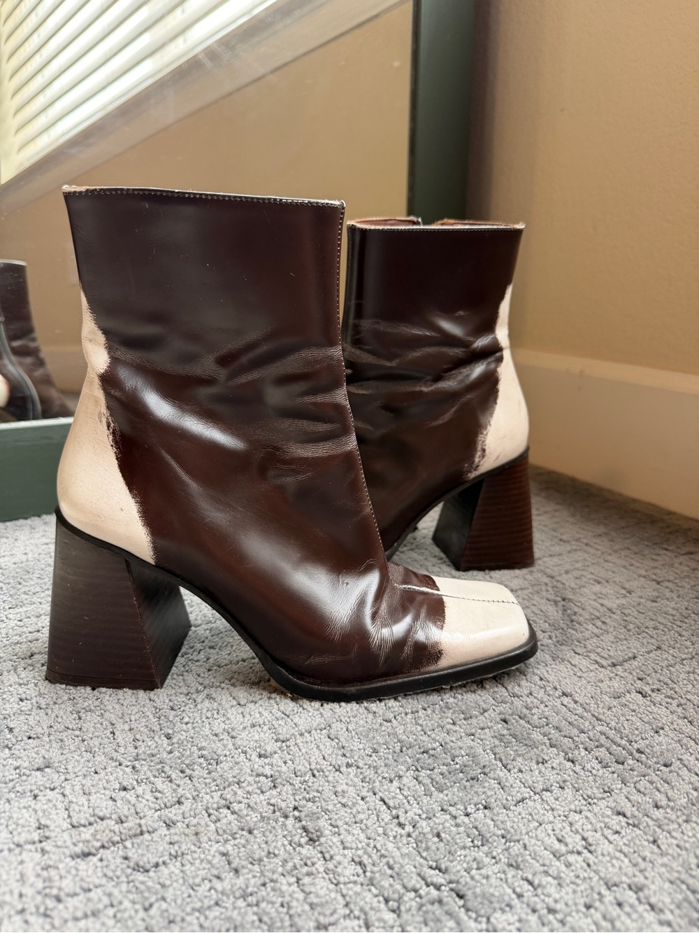 ALOHAS South Degraded Two-Tone Brown Cream Square Toe Leather Block Heel Boots - Picture 4 of 6